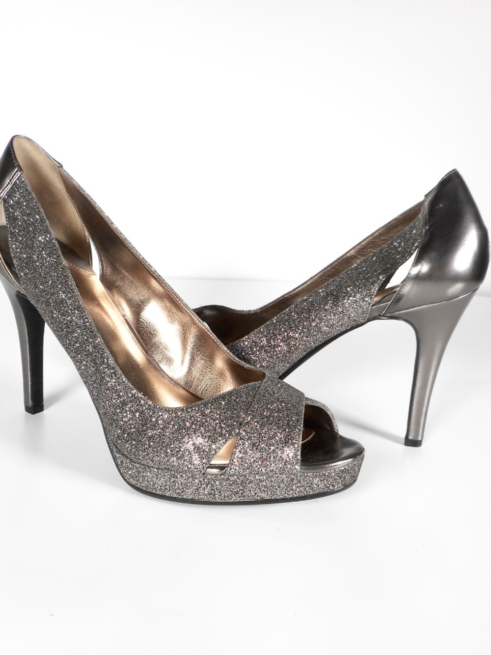 Alfani Fairfax 11 M Silver Pewter Platform Peep Toe Heels Sparkly Formal Evening